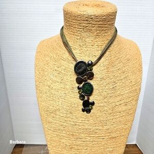 Asymmetrical Multi-color Drop Statement Pendant on Rope Strands Necklace